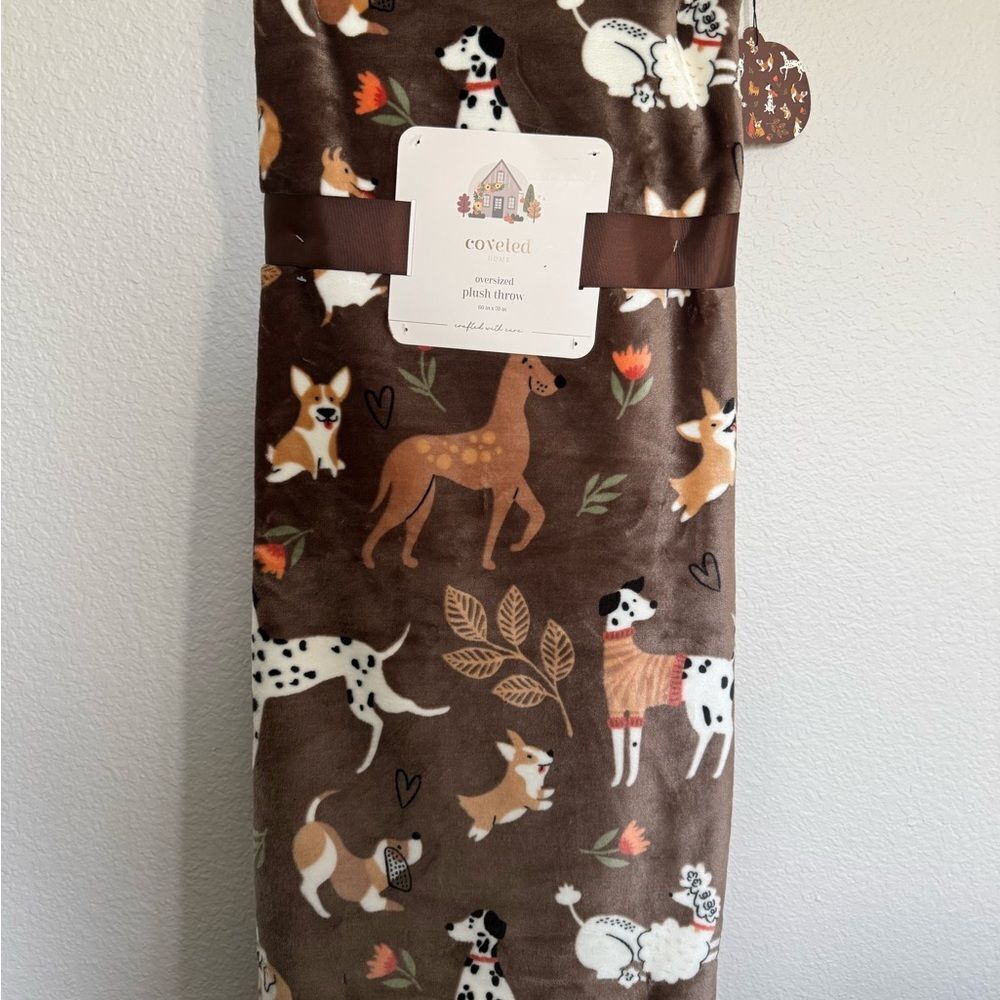 Fall Autumn Sweater Dogs Leaves Plush Brown Cozy Throw Blanket